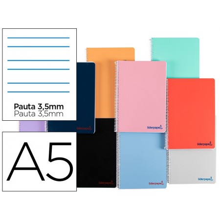 Cuaderno espiral liderpapel a5 wonder tapa plastico 80h 90g pauta 3,5mm con margen colores surtidos (Pack de 5 uds.)