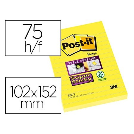 Bloc de notas adhesivas quita y pon post-it super sticky rayado amarillo ultra 102x152 mm (Pack de 6 uds.)