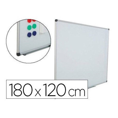 Pizarra blanca rocada acero vitrificado magnetico marco aluminio y cantoneras pvc 180x120 cm incluye bandeja