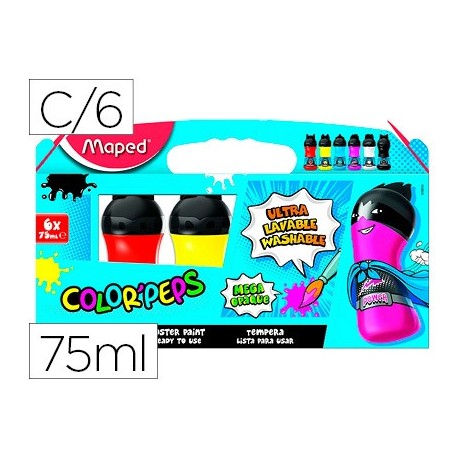 Tempera maped color peps ultra lavable caja de 6 colores surtidos primarios 75 ml