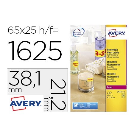 Etiqueta adhesiva avery tamaño 38,1x21,2 mm removible amarillo fluorescente caja de 1625 unidades