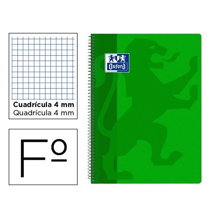 Cuaderno espiral oxford school classic tapa polipropileno folio 80 hojas cuadro 4 mm con margen verde (Pack de 5 uds.)