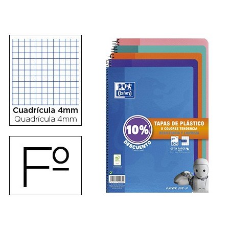 Cuaderno espiral oxford tapa plastico folio 80 hojas cuadro 4 mm pack 5 unidades colores tendecias