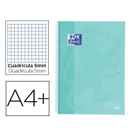 Cuaderno espiral oxford ebook 1 school touch te din a4+ 80 hojas cuadro 5 mm con margen mint pastel (Pack de 5 uds.)