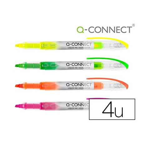 Rotulador q-connect fluorescente punta biselada tinta liquida bolsa de 4 unidades colores surtidos