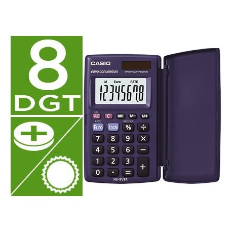 Calculadora casio hs-8ver bolsillo 8 digitos conversion moneda con tapa color azul