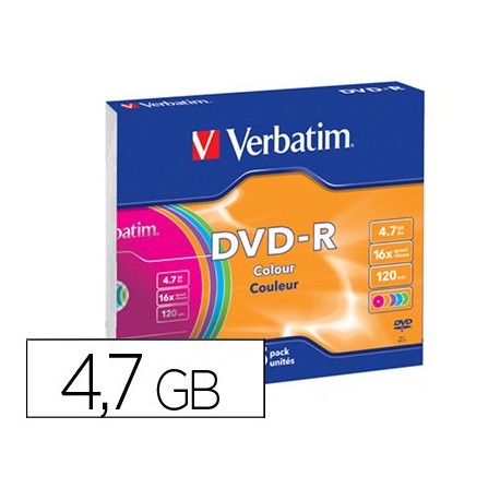 Dvd-r verbatim azo capacidad 4.7gb velocidad 16x 120 min pack de 5 unidades colores surtidos caja slim