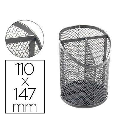 Cubilete portalapices q-connect metal rejilla plata con 3 compartimientos diametro 110 altura 147 mm