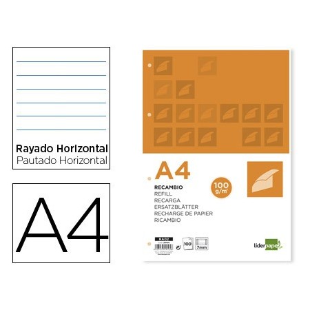 Recambio liderpapel a4 100 hojas 100g/m2 horizontal con ddoble margen 4 taladros