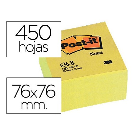 Bloc de notas adhesivas quita y pon post-it 76x76x45 mm cubo colores amarillo 450 hojas
