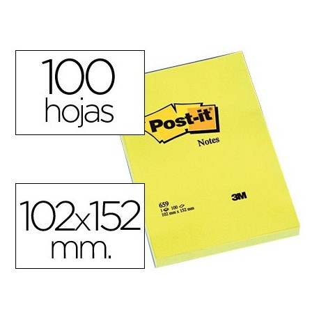 Bloc de notas adhesivas quita y pon post-it 102x152 mm con 100 hojas 659 (Pack de 6 uds.)