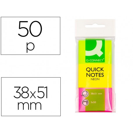 Bloc de notas adhesivas quita y pon q-connect 40x50 mm neon pack de 3 unidades con 50 hojas por color