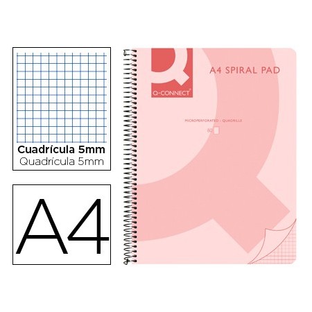 Cuaderno espiral q connect a4 micro tapa plastico 80h 70g cuadro 5mm sin bandas 4 taladros rosa (Pack de 5 uds.)