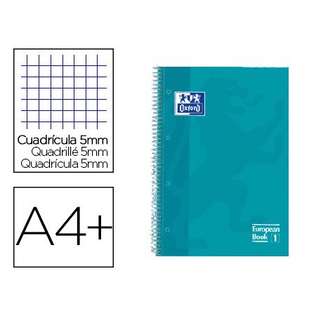 Cuaderno espiral oxford ebook 1 tapa extradura din a4+ 80 h cuadricula 5 mm aqua intenso touch (Pack de 5 uds.)