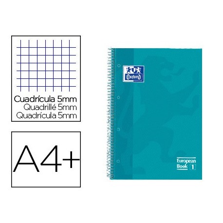 Cuaderno espiral oxford ebook 1 tapa extradura din a4+ 80 h cuadricula 5 mm aqua intenso touch (Pack de 5 uds.)
