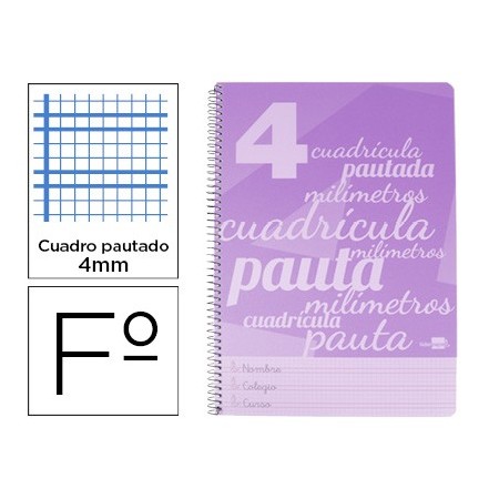 Cuaderno espiral liderpapel folio pautaguia tapa plastico 80h 75gr cuadro pautado 4mm con margen color violeta (Pack de 5 uds.)
