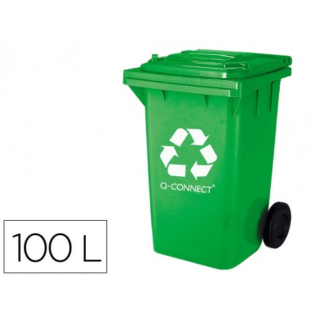 Papelera contenedor q-connect plastico con tapadera 100l color verde 750x470x370 mm con ruedas