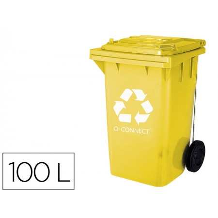 Papelera contenedor q-connect plastico con tapadera 100l color amarillo 750x470x370 mm con ruedas