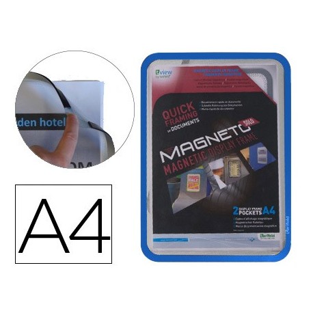 Marco porta anuncios tarifold magneto din a4 con 4 bandas magneticas en el dorso color azul pack de 2 unidades