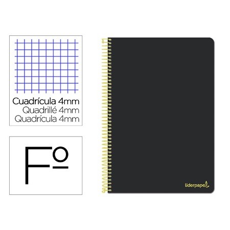 Cuaderno espiral liderpapel folio smart tapa blanda 80h 60gr cuadro 4mm con margen color negro (Pack de 10 uds.)