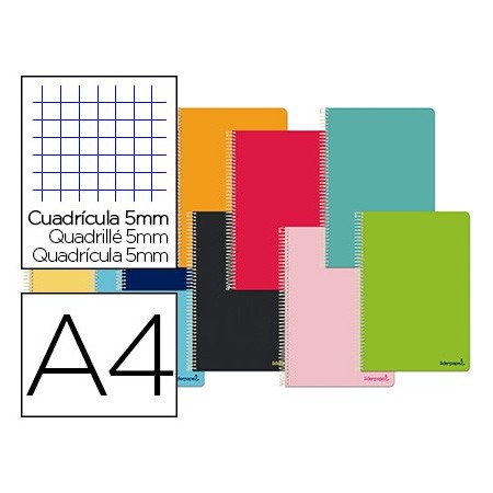 Cuaderno espiral liderpapel a4 micro smart tapa blanda 80h60gr cuadro 5mm doble margen 4 taladros colores surtidos