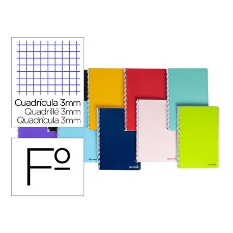 Cuaderno espiral liderpapel folio smart tapa blanda 80h 60gr cuadro 3 mm con margen colores surtidos (Pack de 10 uds.)