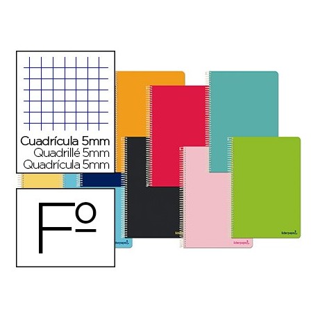 Cuaderno espiral liderpapel folio smart tapa blanda 80h 60gr cuadro 5 mm con margen colores surtidos (Pack de 10 uds.)