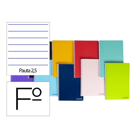Cuaderno espiral liderpapel folio smart tapa blanda 80h 60gr pauta 2,5mm con margen colores surtidos (Pack de 10 uds.)