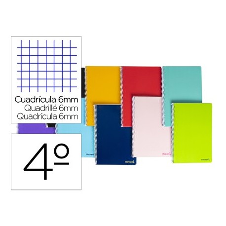 Cuaderno espiral liderpapel cuarto smart tapa blanda 80h 60gr cuadro 6mm con margen colores surtidos (Pack de 10 uds.)