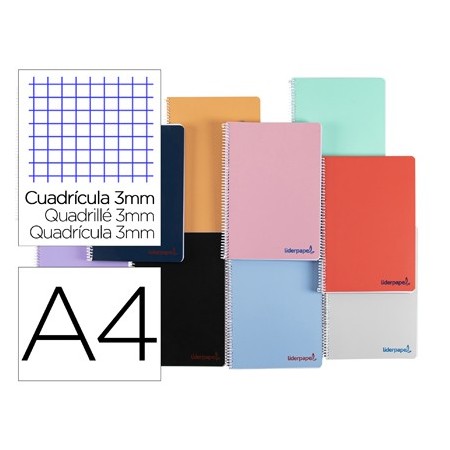 Cuaderno espiral liderpapel a4 wonder tapa plastico 80h 90gr cuadro 3mm con margen colores surtidos (Pack de 10 uds.)