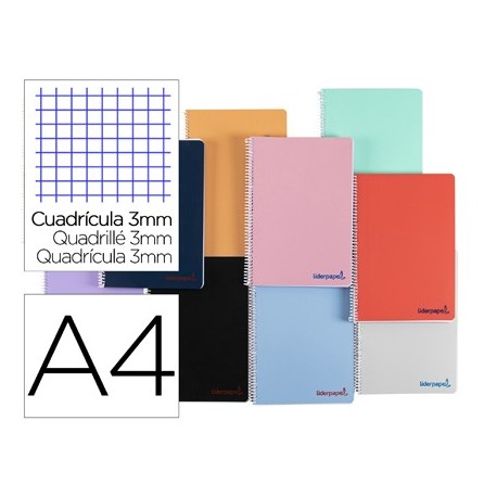 Cuaderno espiral liderpapel a4 wonder tapa plastico 80h 90gr cuadro 3mm con margen colores surtidos (Pack de 10 uds.)