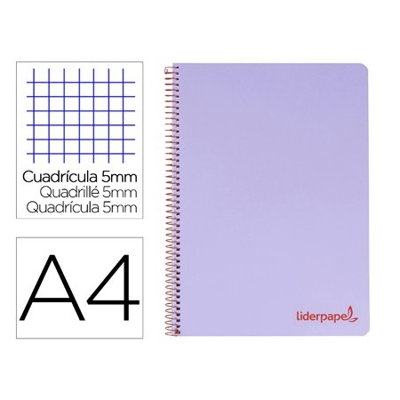 Cuaderno espiral liderpapel a4 micro wonder tapa plastico 120h 90 gr cuadro 5 mm 5 banda4 taladros color lila