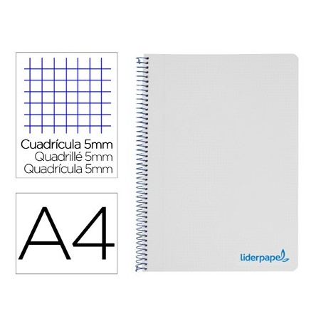 Cuaderno espiral liderpapel a4 micro wonder tapa plastico 120h 90 gr cuadro 5 mm 5 bandas 4 taladros color gris