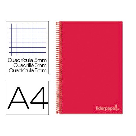 Cuaderno espiral liderpapel a4 micro jolly tapa forrada 140h 75 gr cuadro 5mm 5 bandas 4 taladros color rojo