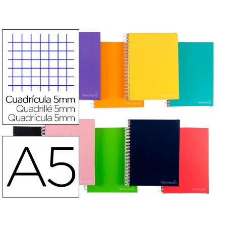 Cuaderno espiral liderpapel a5 micro jolly tapa forrada 140h 75 gr cuadro 5mm 5 bandas6 taladros colores surtidos