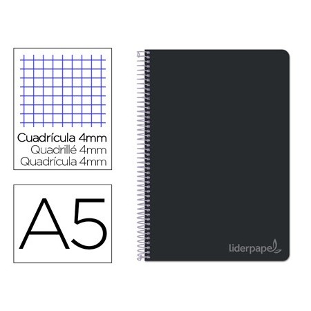 Cuaderno espiral liderpapel cuarto witty tapa dura 80h 75gr cuadro 4mm con margen color negro (Pack de 5 uds.)