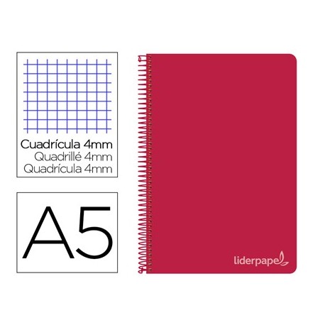 Cuaderno espiral liderpapel cuarto witty tapa dura 80h 75gr cuadro 4mm con margen color rojo (Pack de 5 uds.)