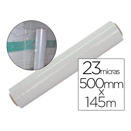 Film extensible manual bobina -ancho 500 mm. -largo 145 mt espesor 23 micras transparente