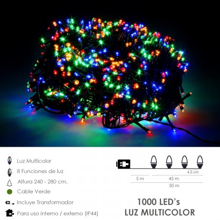 Guinalda Luces Navidad 1000 Leds Multicolor. Luz Navidad Interiores y Exteriores Ip44