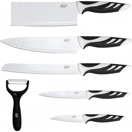 Juego de 6 cuchillos de cocina de alta gama. Cuchillos profesionales de estilo suizo. Color blanco o negro. Swiss Chef de Cecote