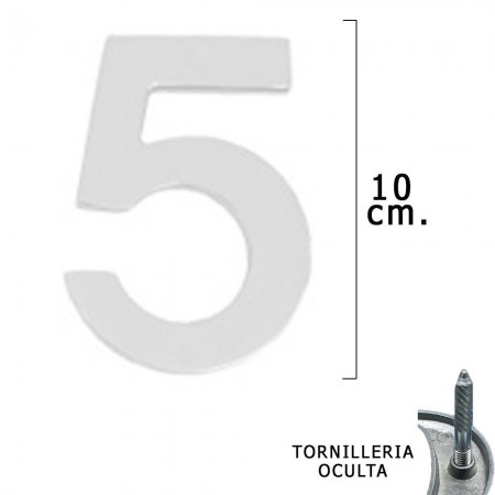 Numero Metal "5" Plateado Mate 10 cm. con Tornilleria Oculta (Blister 1 Pieza)