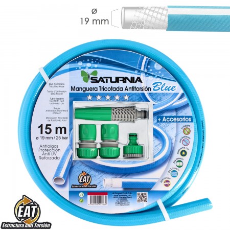 Manguera Tricotada No Torsion Blue Ø 19 mm. Rollo 15 metros. Con Accesorios,  Manguera Anti Torsion, Manguera Sin Dobleces, 