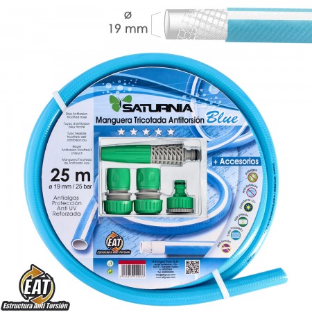 Manguera Tricotada No Torsion Blue Ø 19 mm. Rollo 25 metros. Con Accesorios,  Manguera Anti Torsion, Manguera Sin Dobleces, 