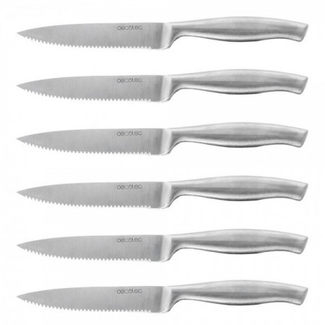 Set de 6 Cuchillos Profesionales de Carne con sierra, mango y hoja forjados en una sola pieza de acero, Cecotec